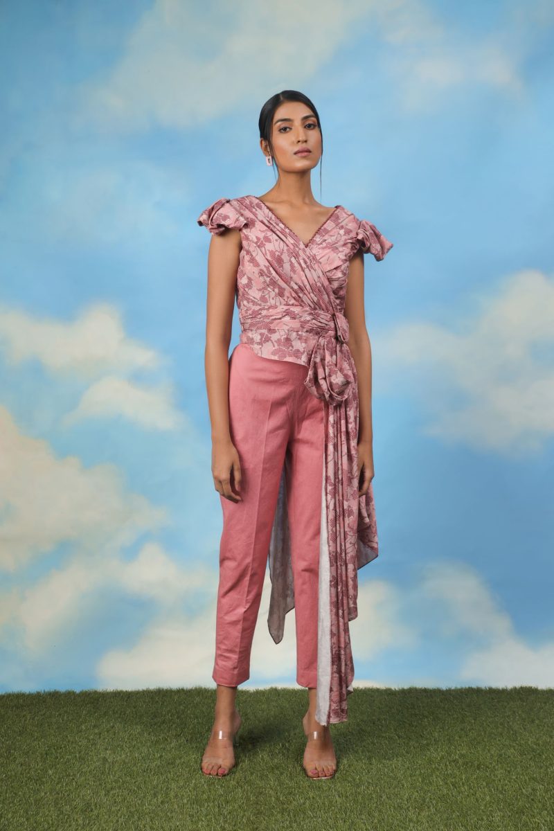 Satin Chanderi Drape Top With Cotton Lycra Pants - Image 3