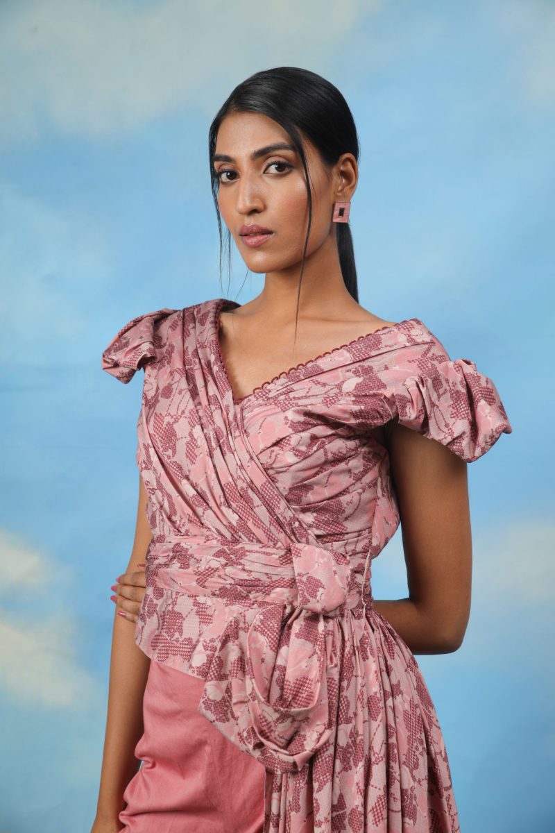 Satin Chanderi Drape Top With Cotton Lycra Pants - Image 2