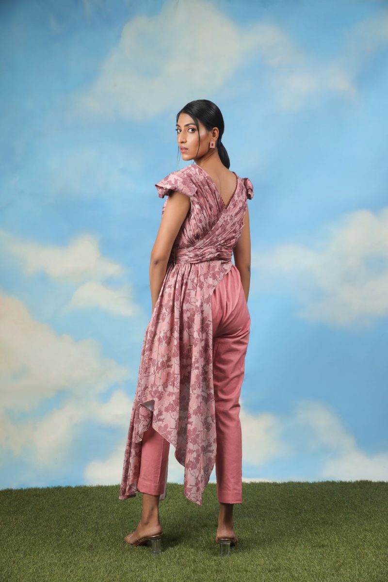 Satin Chanderi Drape Top With Cotton Lycra Pants - Image 4