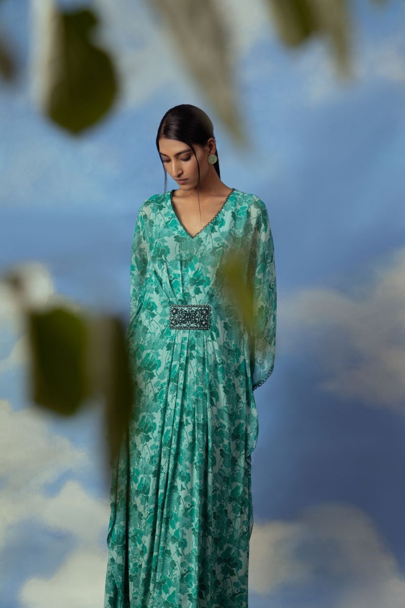 Aqua Green Printed Kaftan - Image 2