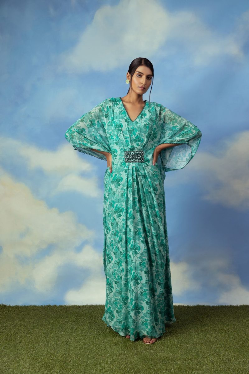 Aqua Green Printed Kaftan - Image 3