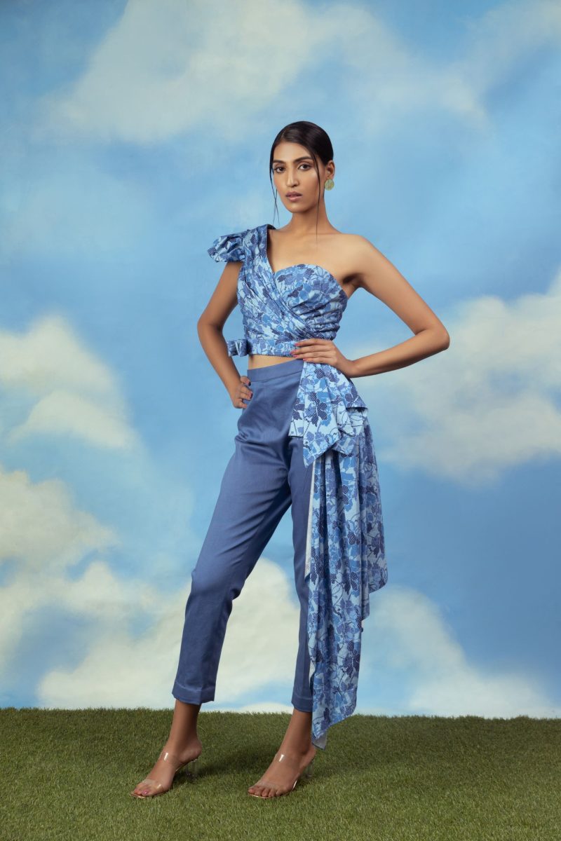 Blue Satin Chanderi One Off Shoulder Drape Top