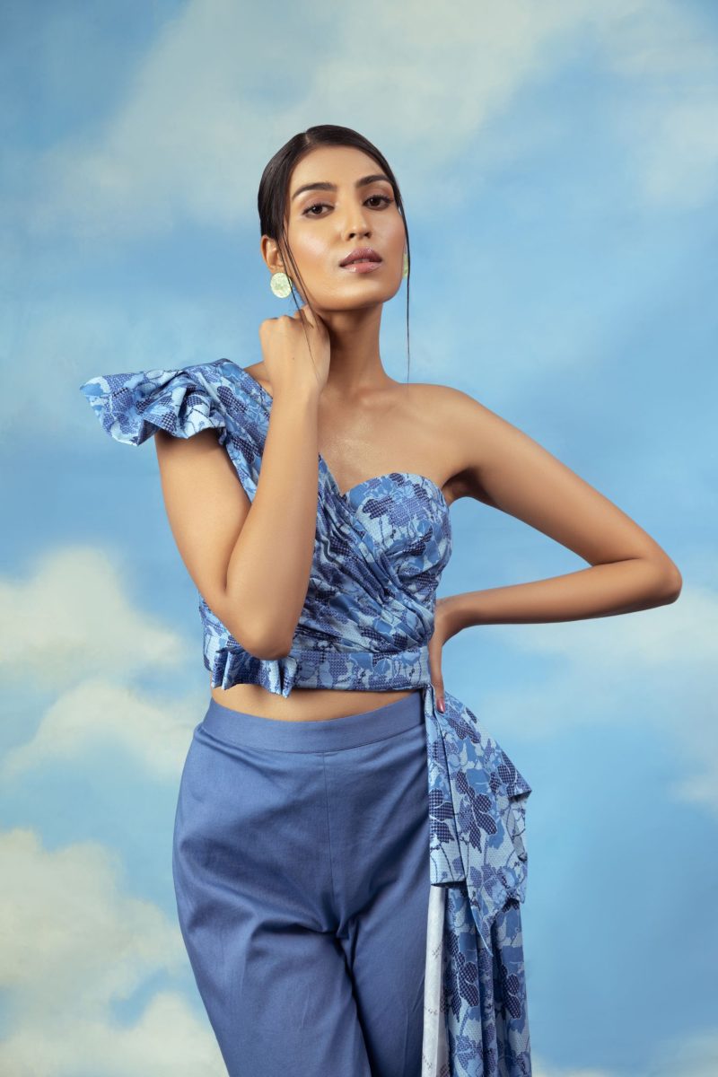 Blue Satin Chanderi One Off Shoulder Drape Top - Image 2