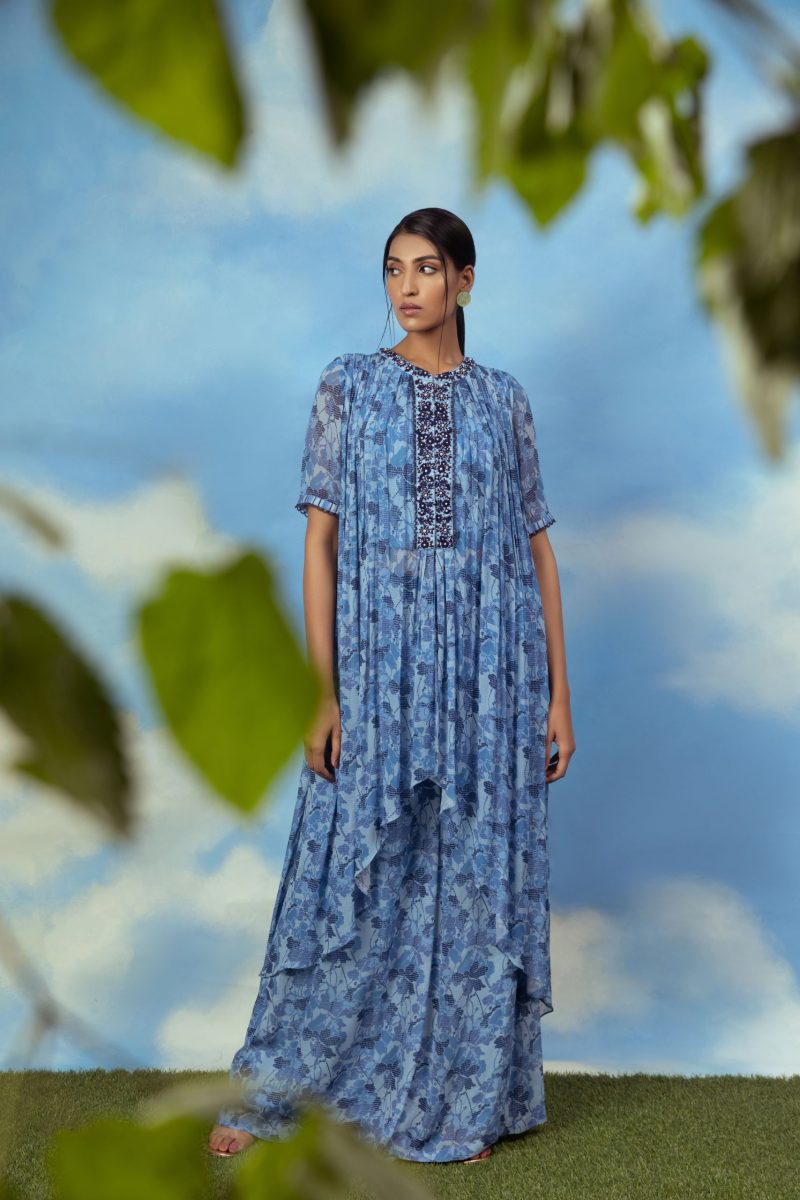 Blue Printed Asymmetrical Top With Palazzo Pants