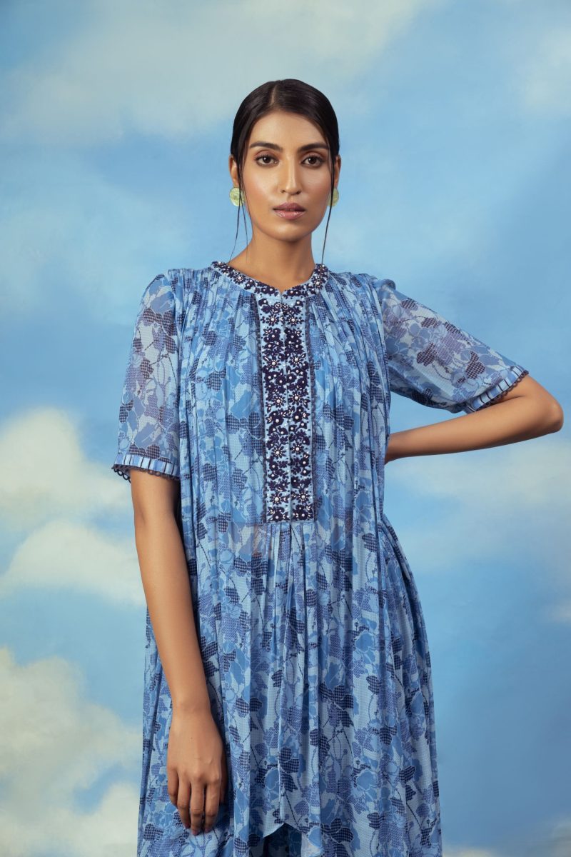 Blue Printed Asymmetrical Top With Palazzo Pants - Image 2