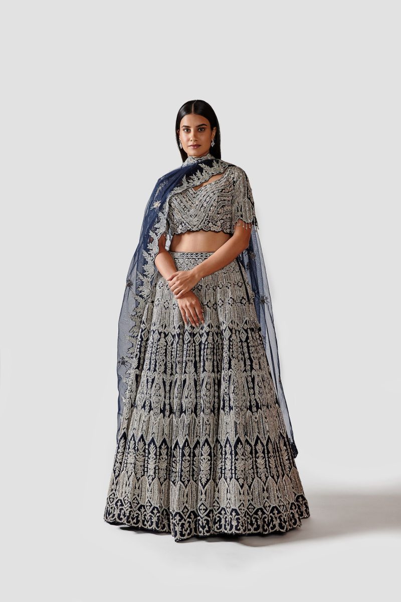 Navy Blue Georgette Lehenga with Grey Dupatta