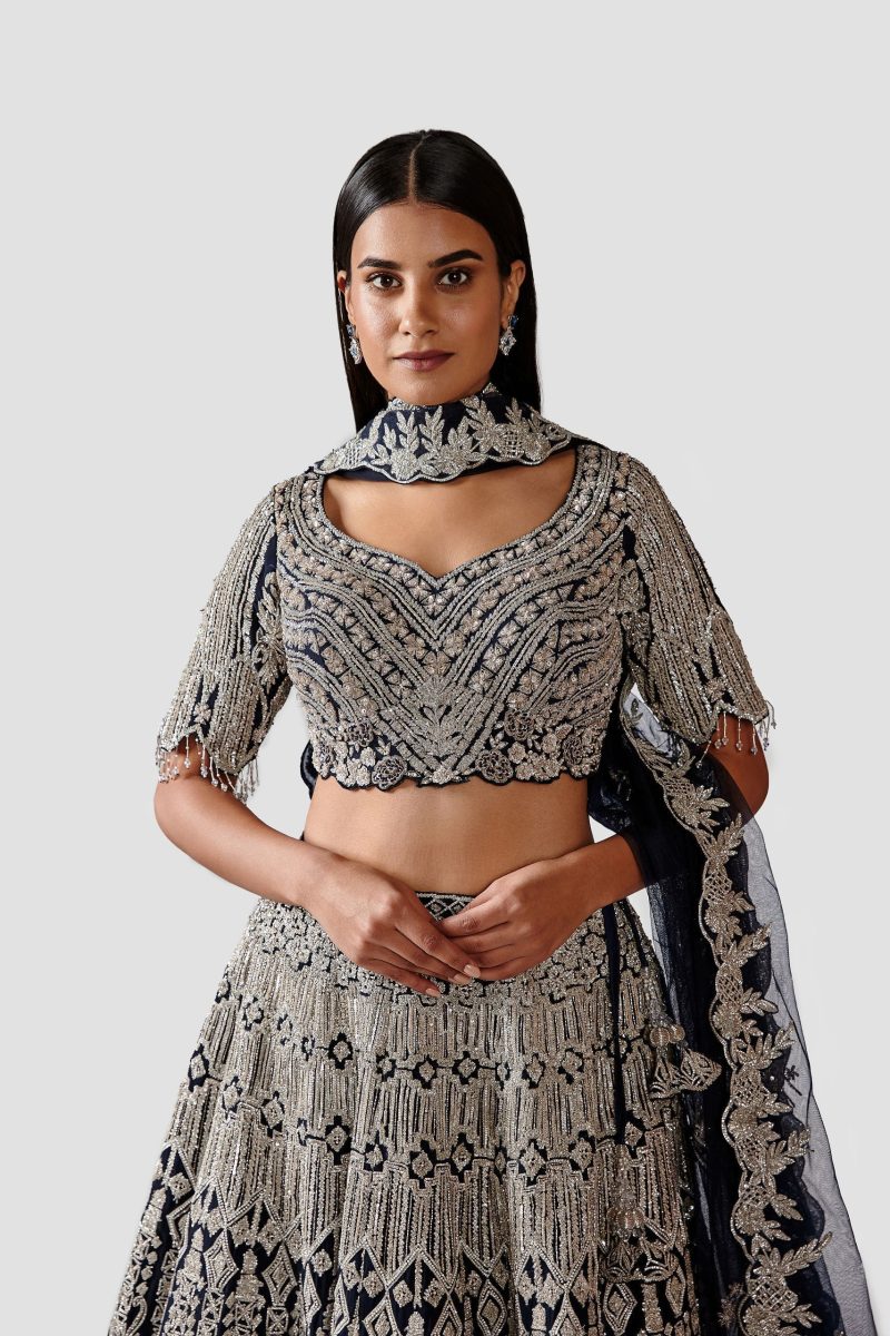 Navy Blue Georgette Lehenga with Grey Dupatta - Image 3