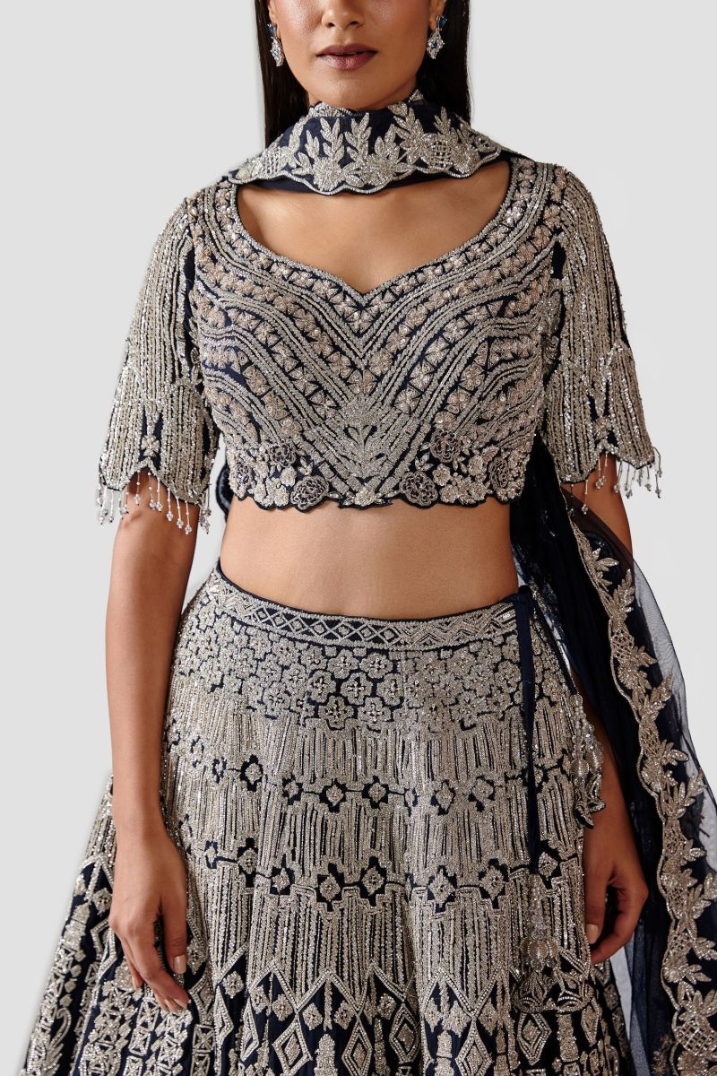 Navy Blue Georgette Lehenga with Grey Dupatta - Image 4