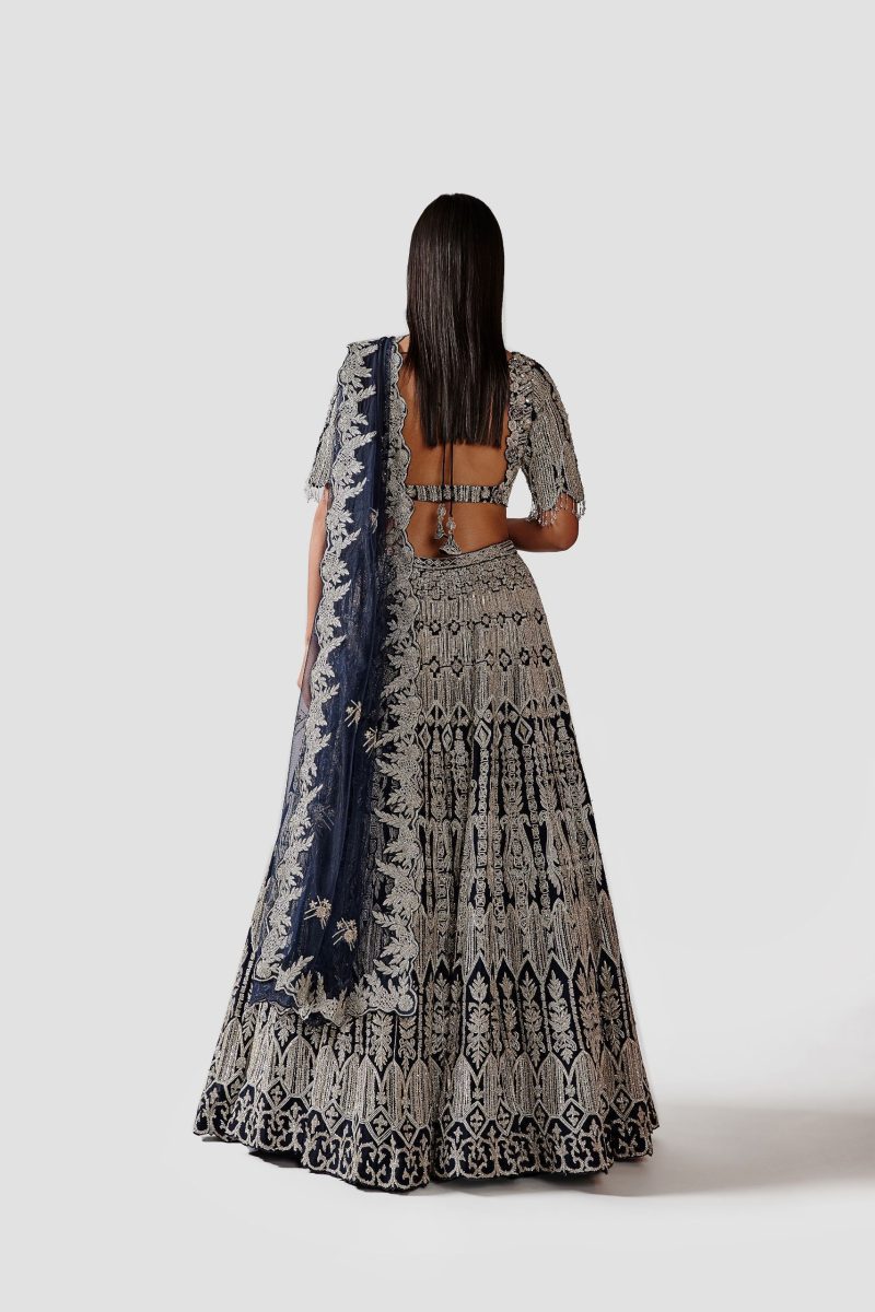 Navy Blue Georgette Lehenga with Grey Dupatta - Image 5