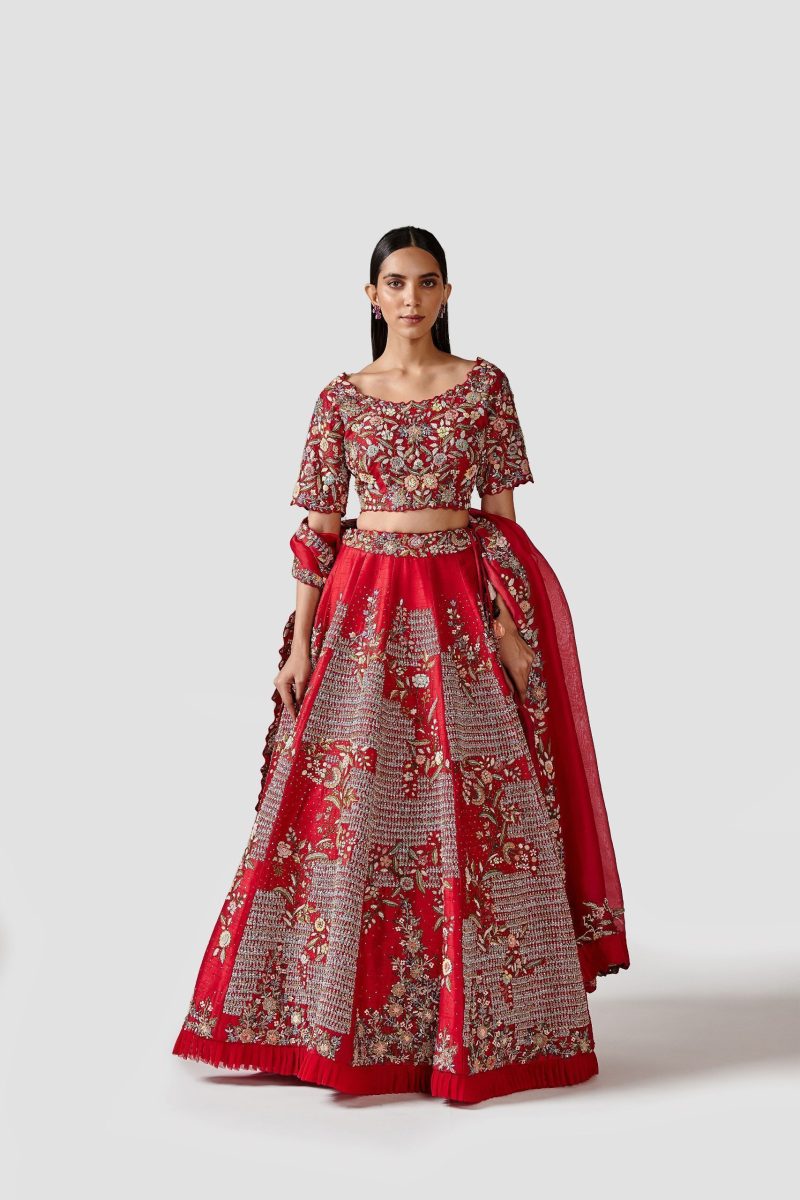 Red Color Raw Silk Designer Lehenga