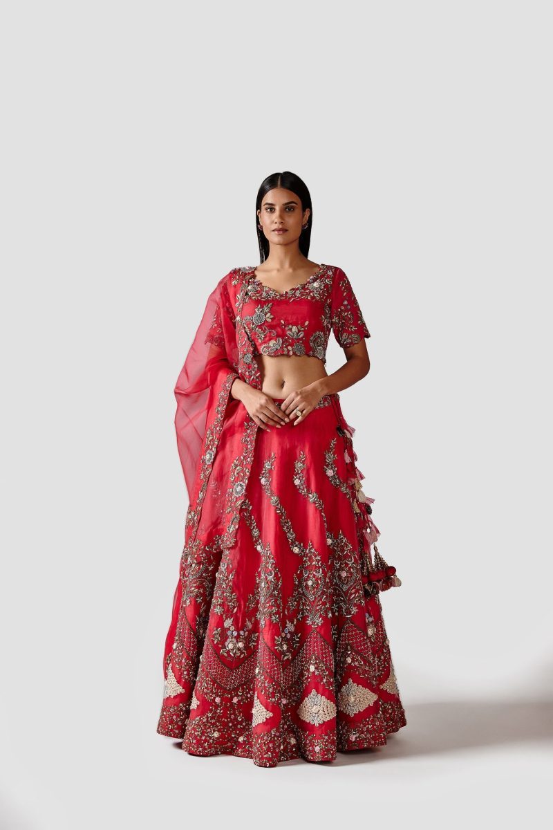 Elegant Red Color Embroidered Organza Lehenga Set