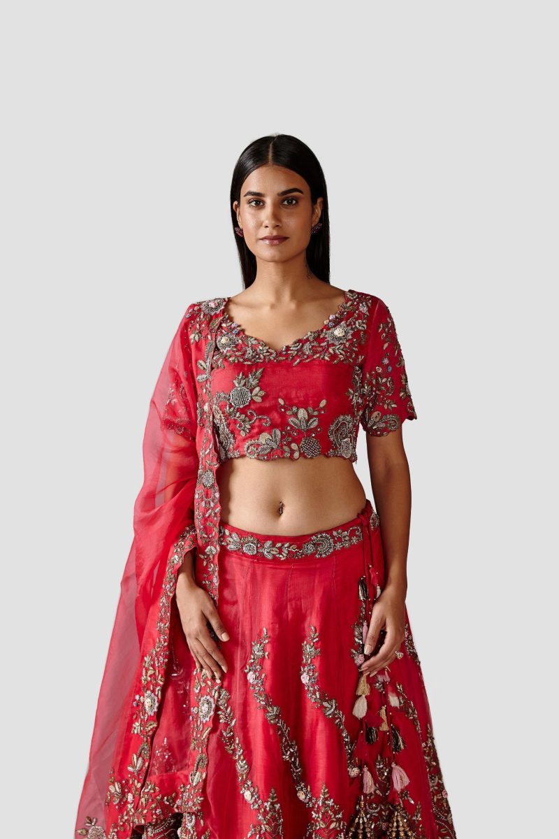 Elegant Red Color Embroidered Organza Lehenga Set - Image 2