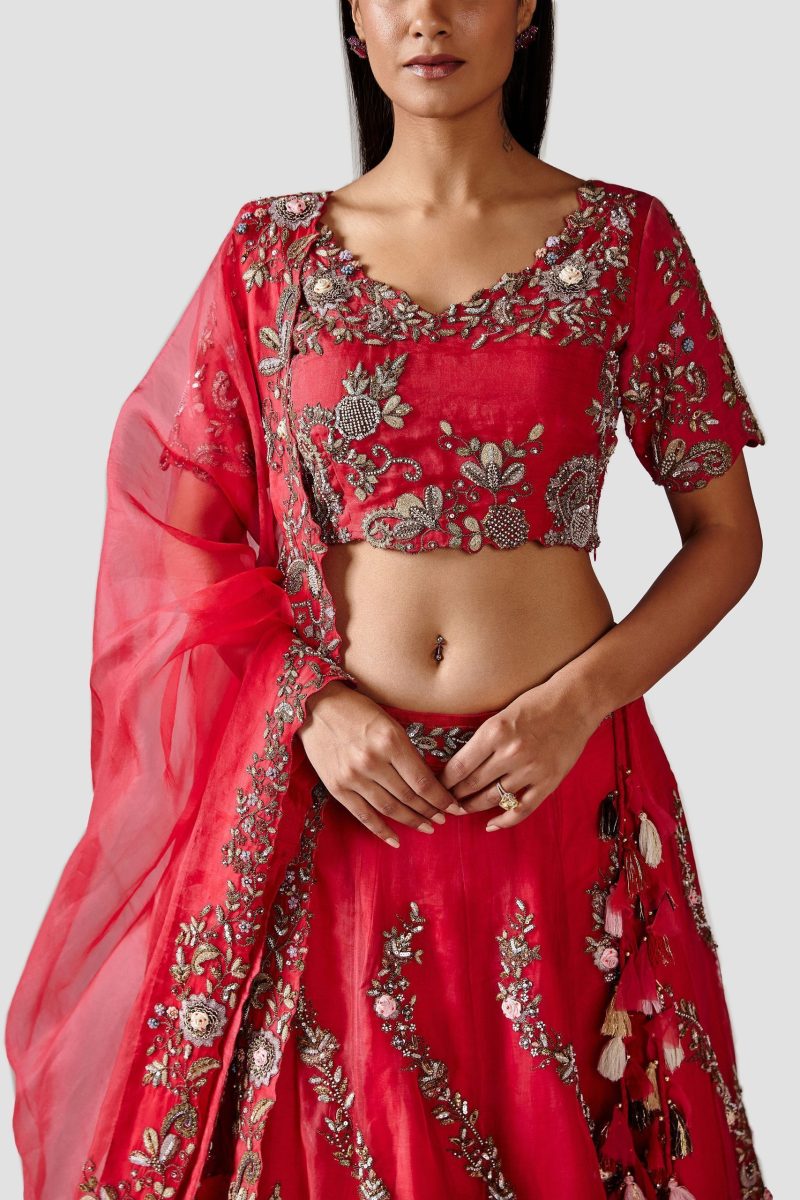 Elegant Red Color Embroidered Organza Lehenga Set - Image 3