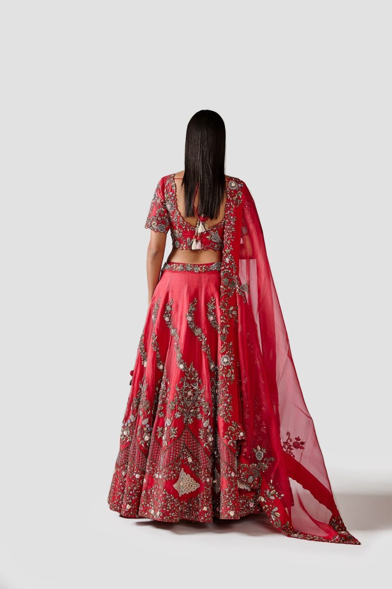 Elegant Red Color Embroidered Organza Lehenga Set - Image 4