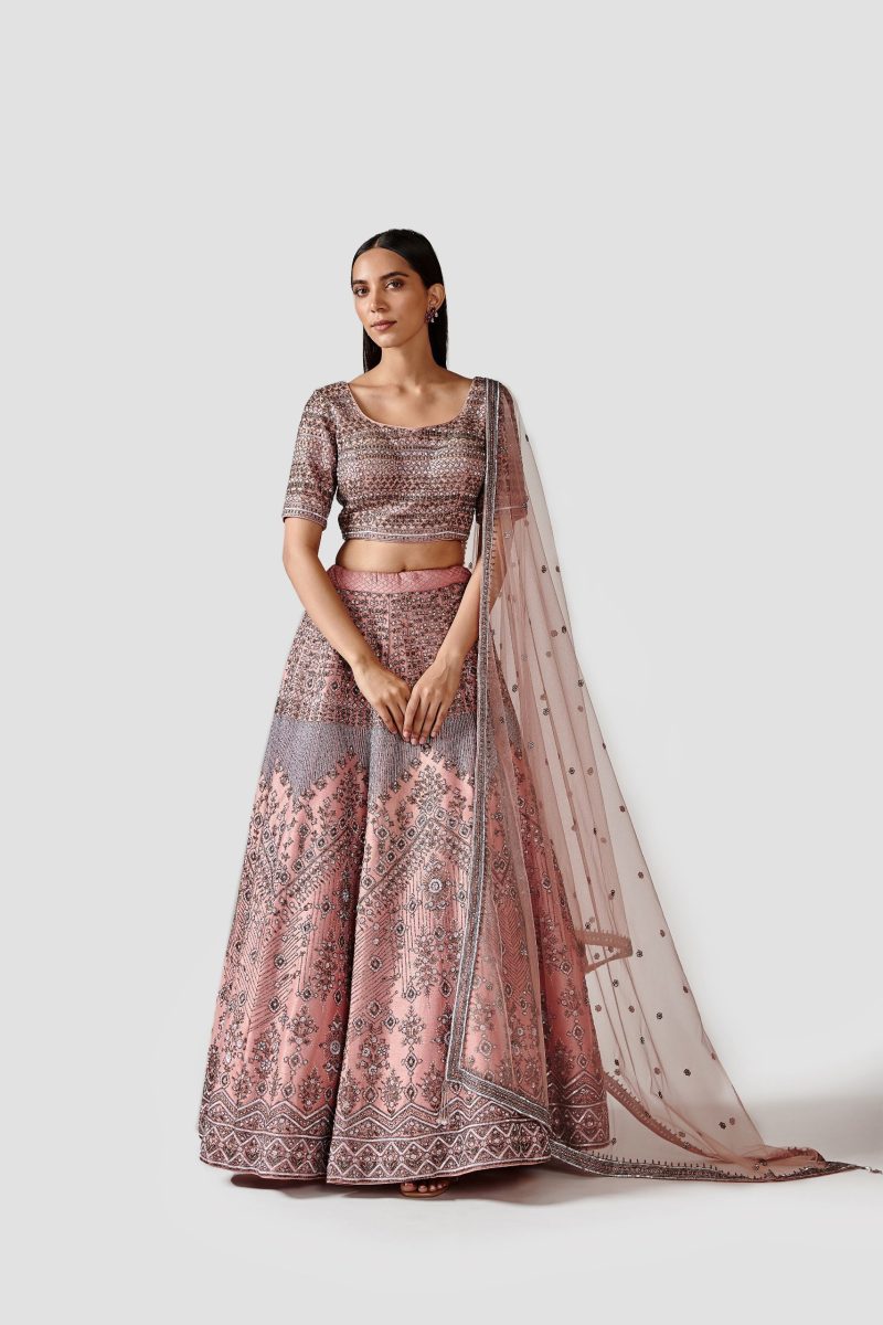 Muted Pink Color Embroidered Raw Silk Lehenga Set