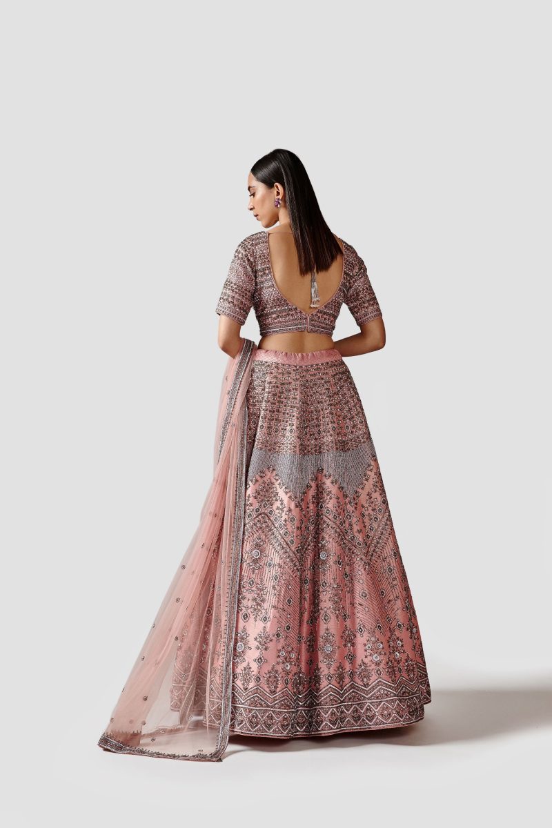 Muted Pink Color Embroidered Raw Silk Lehenga Set - Image 4