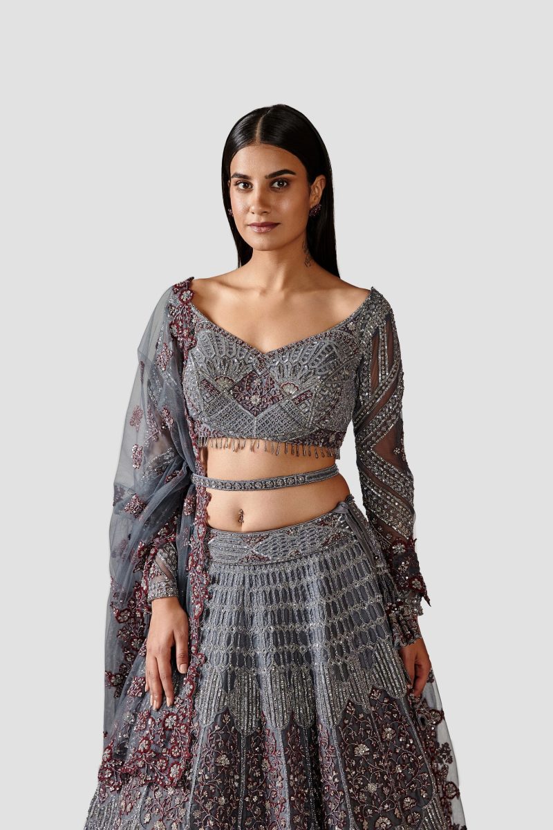 Grey Color Zardosi Embroidery Organza Lehenga - Image 2