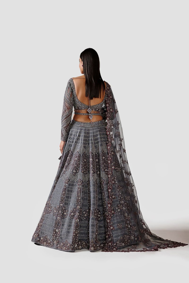 Grey Color Zardosi Embroidery Organza Lehenga - Image 4