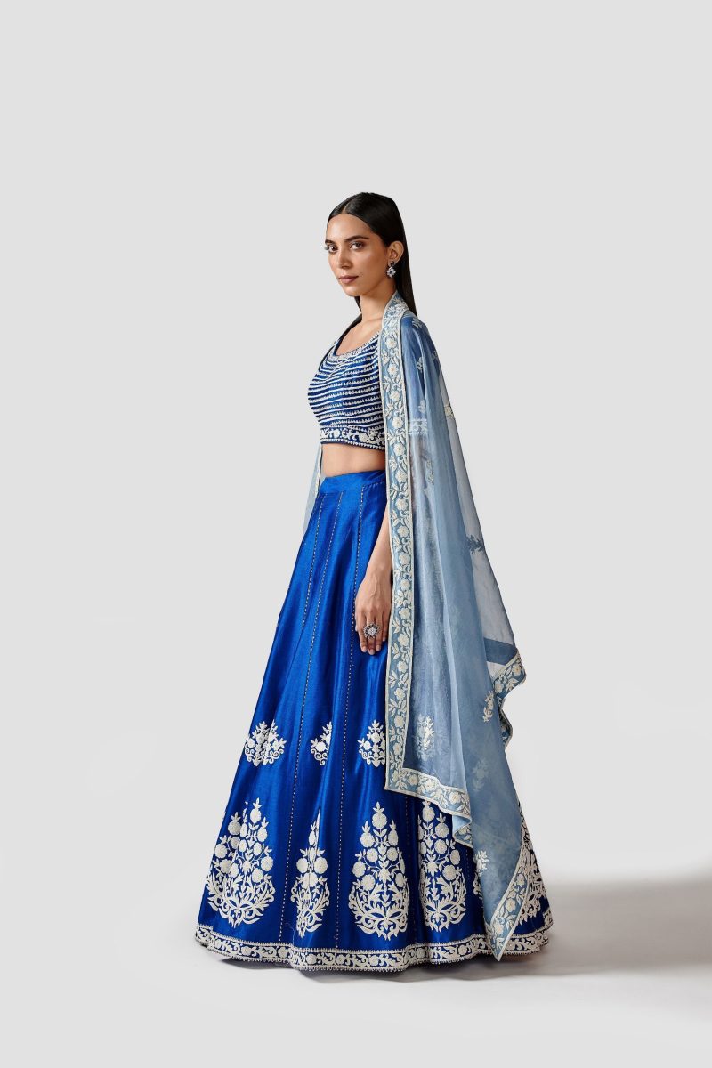 Royal Blue Color Raw Silk Embroidery Lehenga - Image 2