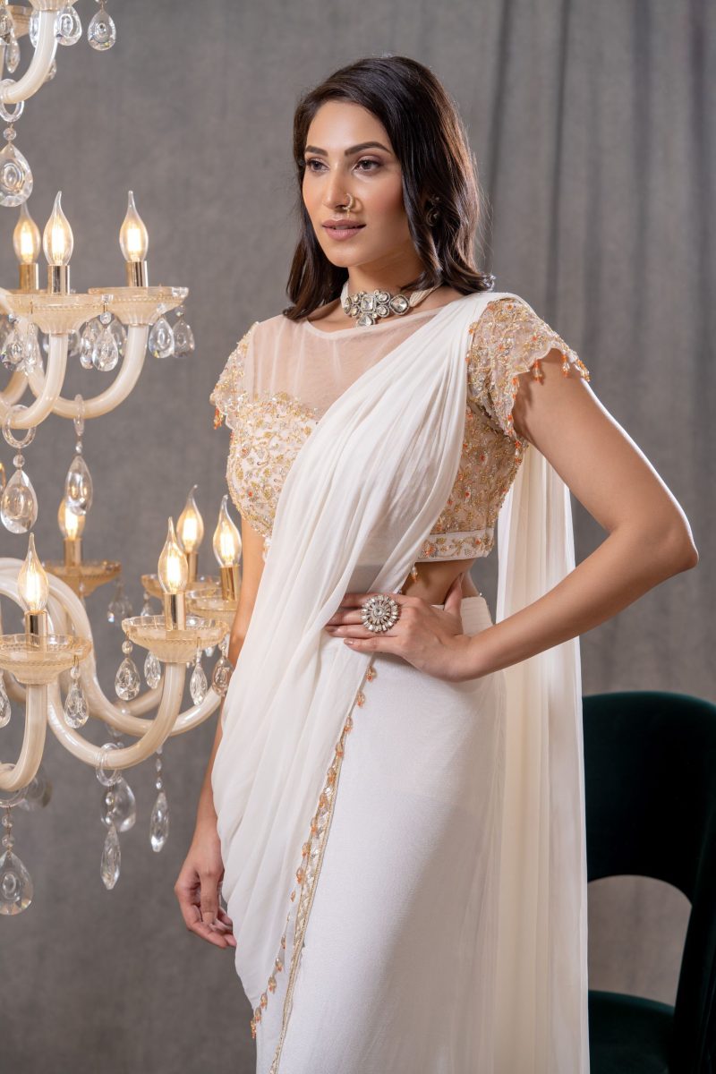 Off White Embellished Dhoti Saree