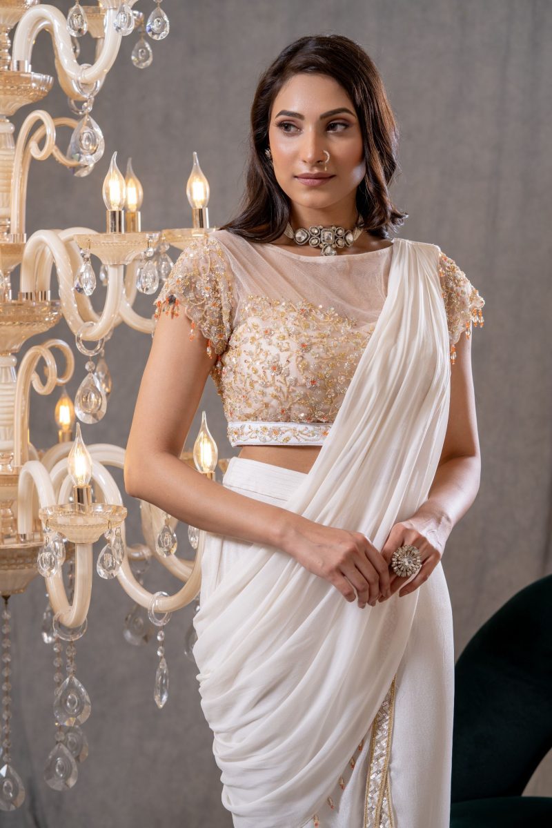 Off White Embellished Dhoti Saree - Image 4